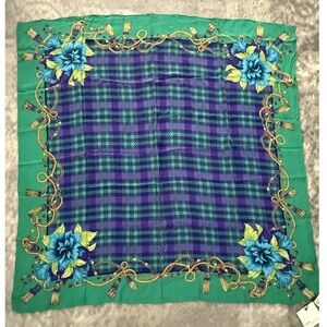 Vintage NWT Dana Buchman 100% Silk Square Scarf Plaid Floral Saks Fifth Ave